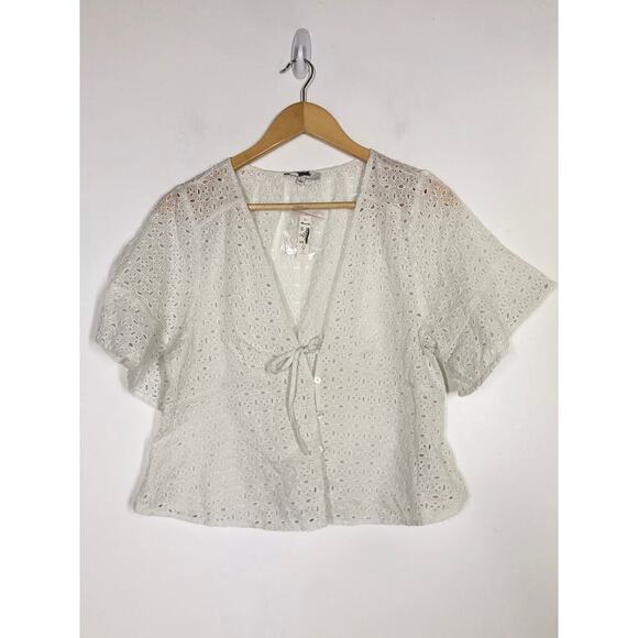 Madewell Eyelet Tie Front Top Short Sleeve V Neck Soft White NWT Size Large - Picture 7 of 13